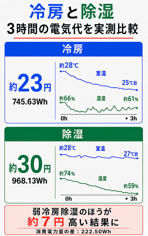 冷房と除湿の電気代3時間比較