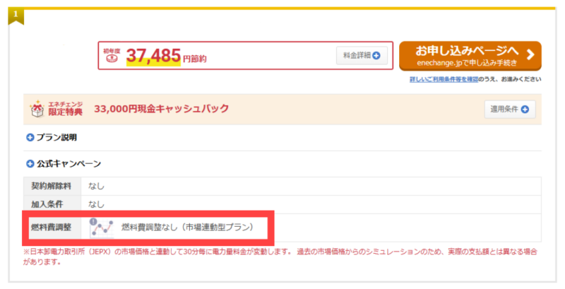 シミュレーション結果の燃料費調整欄の確認方法