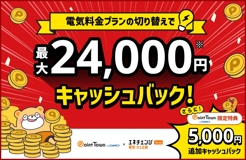 電気料金プランの切り替えで最大24,000円キャッシュバック!Point Town by GMO限定特典でさらに5,000円追加キャッシュバック