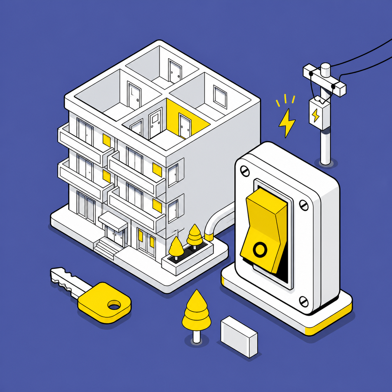 白い集合住宅と黄色い大きな電源スイッチを描いた空室通電のイラスト