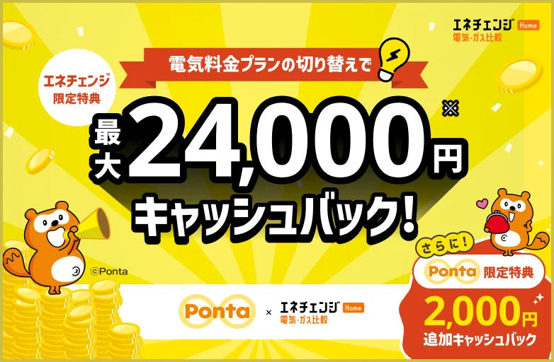 電気料金プランの切り替えで最大24,000円キャッシュバック！Ponta限定特典でさらに2,000円追加キャッシュバック